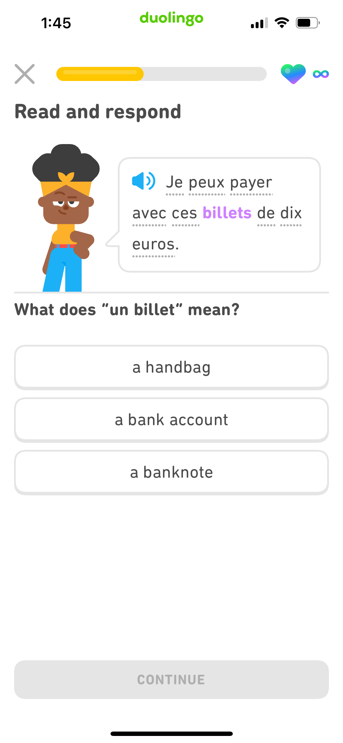 Screenshot of a French sentence in an exercise. All the words in the sentence are in the regular black font, except for 'billets' which is bold and purple. The English question below the French sentence says 'What does 'un billet' mean?'