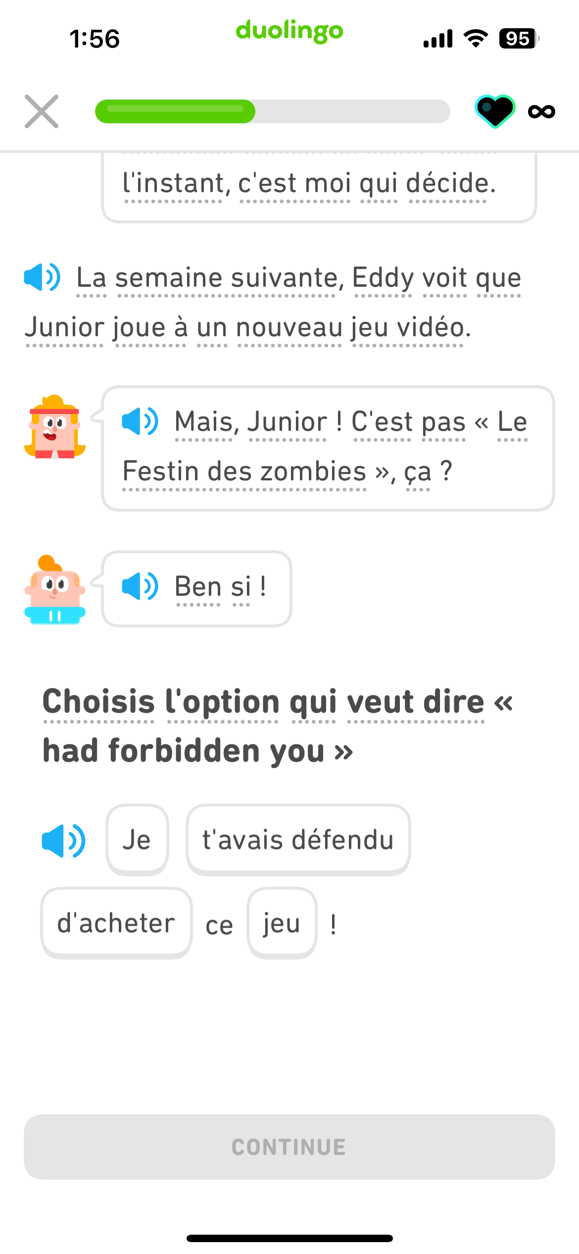 Screenshot of part of a French story, followed by an exercise asking the learner to click on which of the French words or phrases means 'had forbidden you'