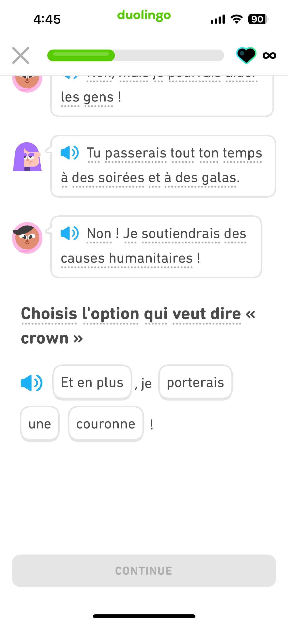 Screenshot of part of a French story, followed by an exercise asking the learner to click on which of the French words or phrases means 'crown'