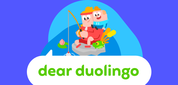 Illustration of the Dear Duolingo logo with Eddy and Junior perched on top, smiling and fishing together