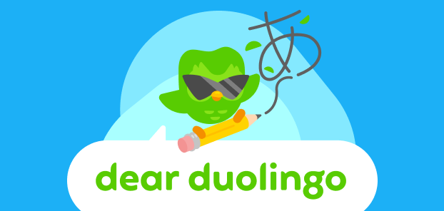 Illustration of the Dear Duolingo logo with Duo wearing sunglasses, looking cool, and surfing on a pencil. Behind the pencil is a line of graphite forming a Japanese character.