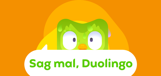 Abbildung des Logos von „Sag mal, Duolingo“, mit Duo über dem Logo, der panisch, verschwitzt und gestresst aussieht. 