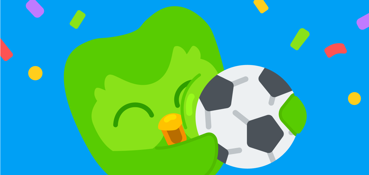 Ilustración de Duo, el búho, donde abraza un balón de fútbol mientras cae confeti a su alrededor