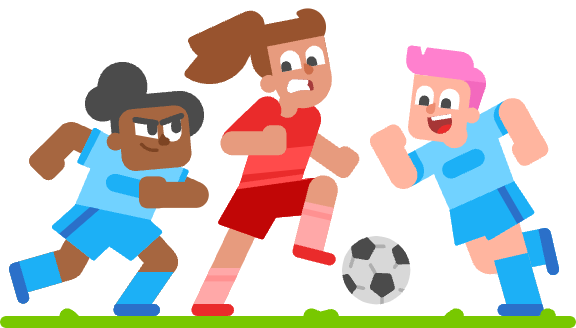 Ilustração de três pessoas jogando futebol. Duas usam uniforme azul e uma usa uniforme vermelho.