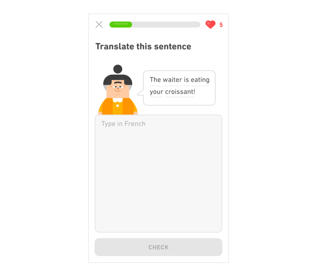 Screenshot einer Übung auf Duolingo mit dem Duolingo-Charakter Lucy, die sagt: „Der Kellner isst gerade Ihr Croissant!“