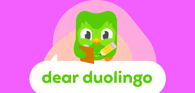 Illustration of Dear Duolingo logo with Duo perched on top with a clip board and pencil, ready to take notes.