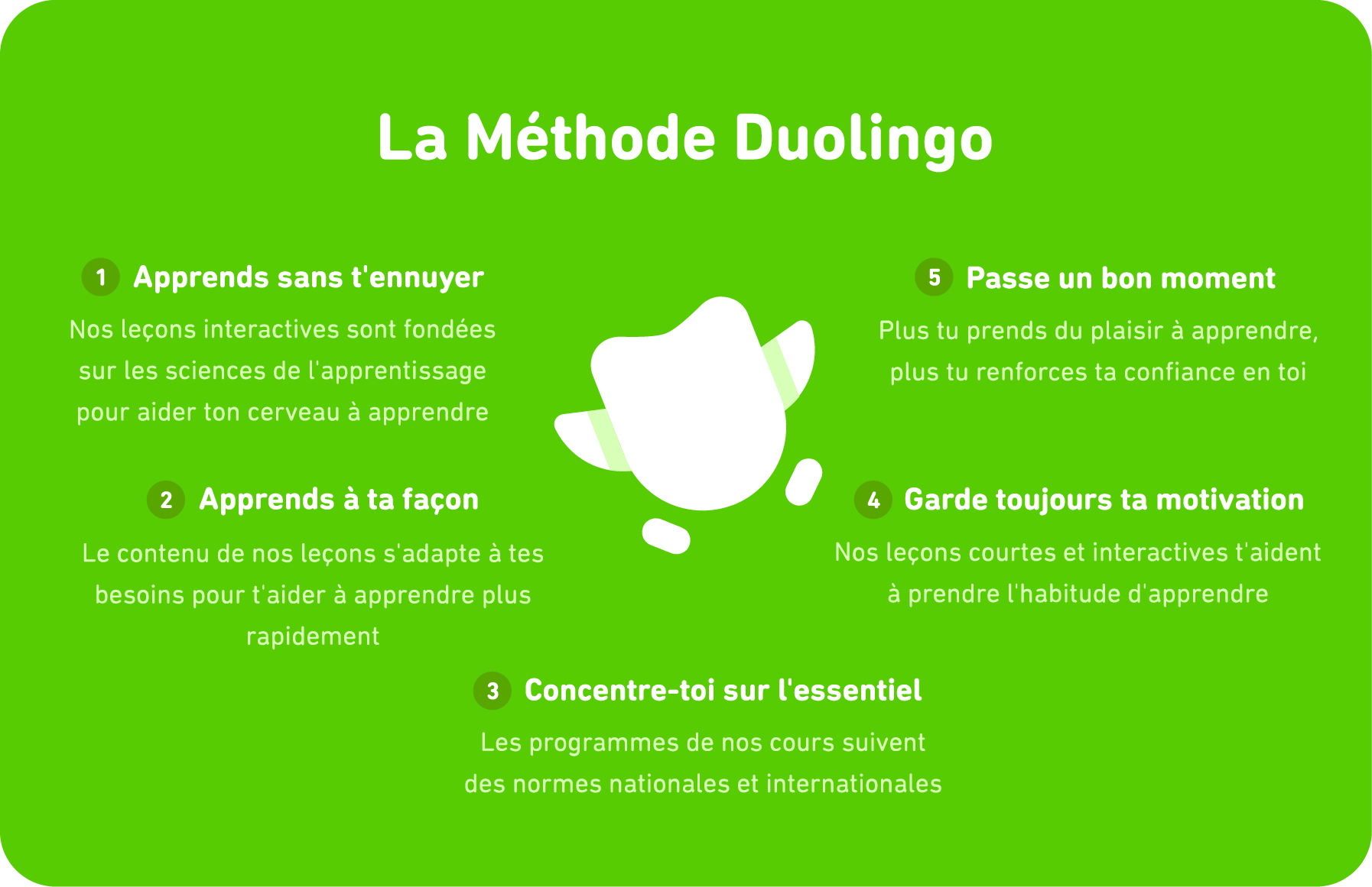 une énumération visuelle des cinq éléments de la méthode Duolingo. Duo apparaît au centre de l’écran. Les cinq éléments sont les suivants : 1. Apprendre sans t’ennuyer. Nos leçons interactives sont fondées sur les sciences de l'apprentissage pour aider ton cerveau à apprendre. 2. Apprends à ta façon. Le contenu de nos leçons s'adapte à tes besoins pour t’aider à apprendre plus rapidement. 3. Concentre-toi sur l’essentiel. Les programmes de nos cours suivent des normes nationales et internationales. 4. Garde toujours ta motivation. Nos leçons courtes et interactives t’aident à prendre l’habitude d’apprendre. 5. Passe un bon moment. Plus tu prends du plaisir à apprendre, plus tu renforces ta confiance en toi.