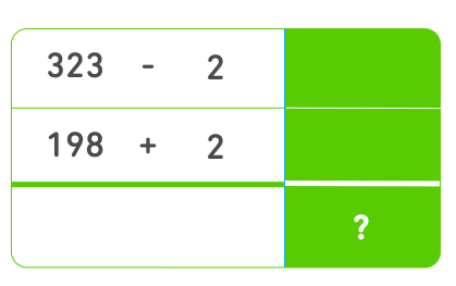 Alt: Una tabla que muestra 323 y 198 en una columna a la izquierda. Cada uno es parte de una ecuación: 323 - 2 y 198 + 2. Sus sumas son una incógnita. 