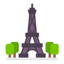 Ilustración de la torre Eiffel, con árboles a ambos lados de su base.