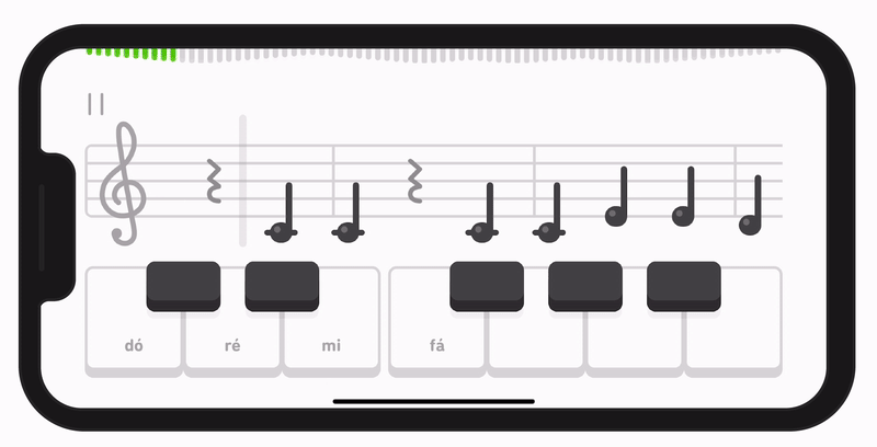 GIF de uma lição de música em uma tela de iPhone. Ela mostra um exercício de tocar as notas da partitura em um teclado de piano.