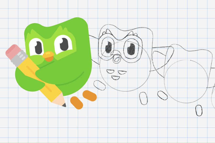 Série d'esquisses de plus en plus détaillées du hibou de Duolingo, jusqu'à l'illustration du célèbre hibou vert