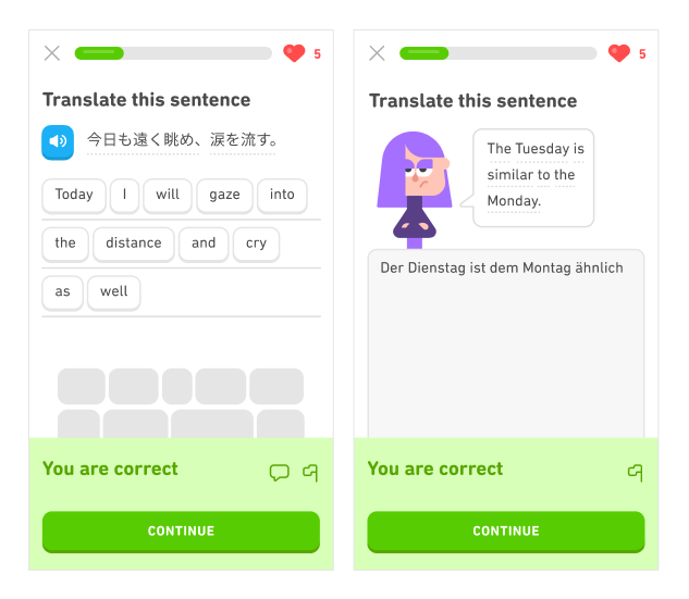 Capturas de tela de duas frases bobas de exercícios do Duolingo em diferentes idiomas, que dizem: “Hoje eu vou olhar ao longe e chorar também” e “A terça-feira é similar à segunda-feira”.
