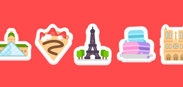 Ilustrações coloridas dispostas lado a lado sobre um fundo vermelho: o Museu do Louvre com a pirâmide na frente dele, um crepe de morango com calda de chocolate, a Torre Eiffel, um prato de macarons em cores pastel e a Catedral de Notre-Dame.