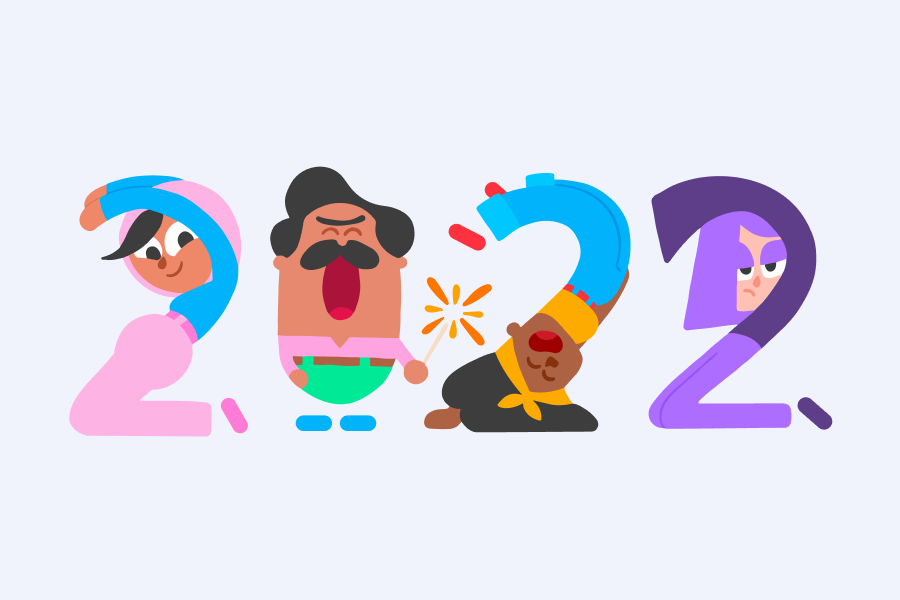 Ilustración del número "2022" donde cada cifra está representada por un personaje de Duolingo posando