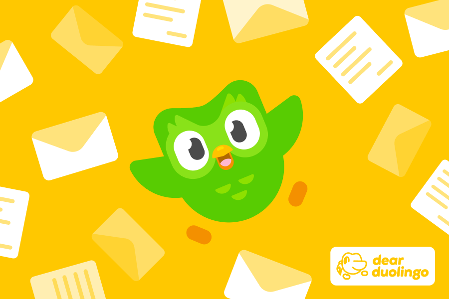 Illustration of Duo the owl surrounded by envelopes and letters with the "Dear Duolingo" logo in the corner