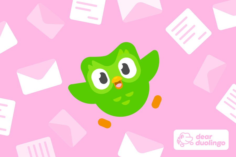 Illustration of Duo the owl surrounded by envelopes and letters with the "Dear Duolingo" logo in the corner