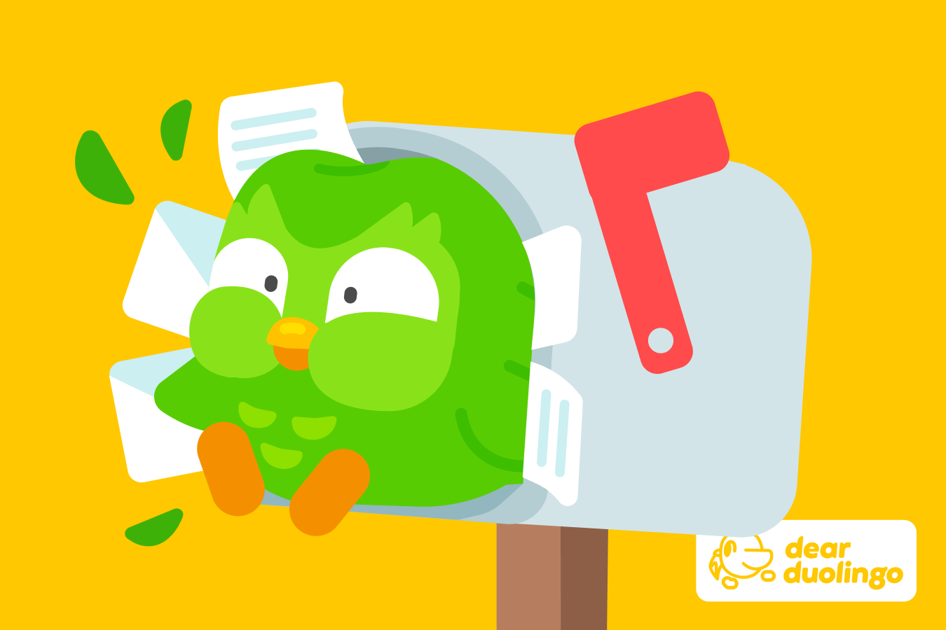 Illustration of Duo bursting from a mailbox filled with letters with the "Dear Duolingo" logo in the corner