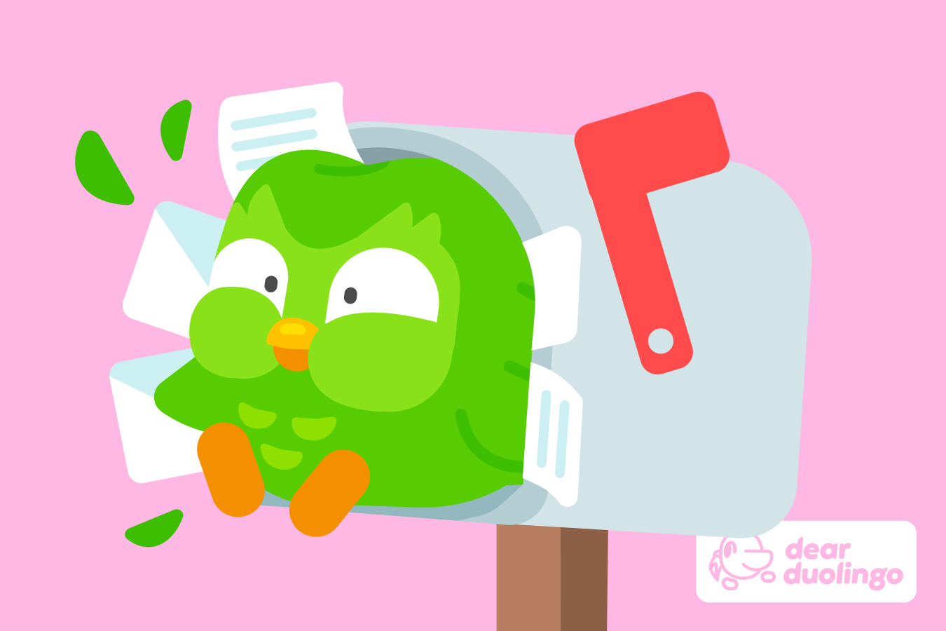 Illustration of Duo bursting from a mailbox filled with letters with the "Dear Duolingo" logo in the corner