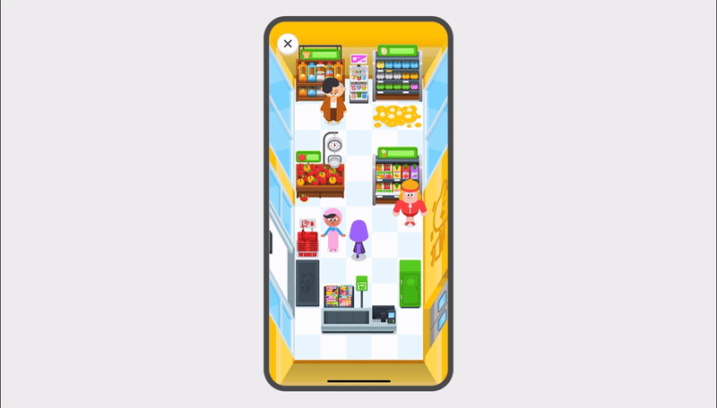 Une image GIF des personnages de Duolingo dans une aventure qui se déroule dans une épicerie. Lin se tient près du rayon boulangerie. À côté d'elle se trouve le rayon des œufs, et quelques œufs sont cassés par terre. Lily marche dans l'allée, s'arrête au rayon des fruits et prononce le mot « fruits ». Elle se dirige ensuite vers les produits laitiers et dit « œufs cassés ».