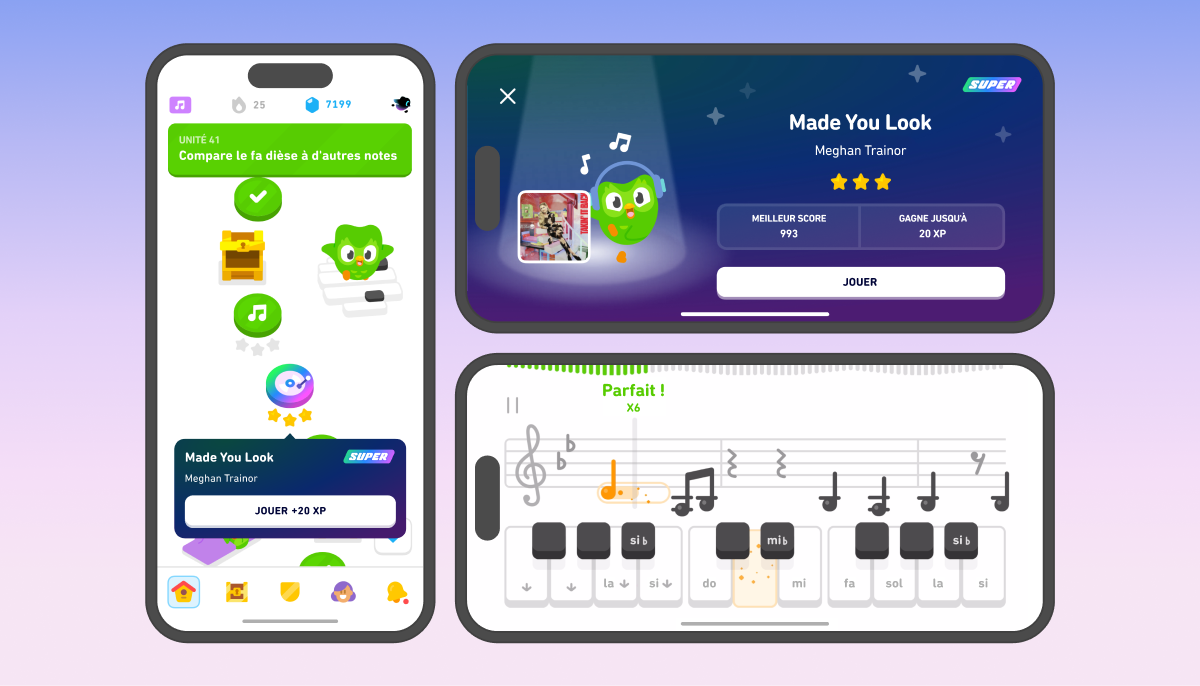 Trois écrans d'iPhone. Le premier iPhone, orienté à la verticale, montre le parcours du cours de Musique de Duolingo. On voit un rond multicolore qui ressemble à un tourne-disque, et la description indique « Made You Look, Meghan Trainor ». L’utilisateur peut appuyer sur le bouton « JOUER » pour tenter de gagner 20 XP. Le deuxième écran, tourné à l’horizontale, montre l'écran d’accueil de ce niveau spécial. Duo porte un casque audio sur les oreilles et danse à côté de la pochette de l'album de Meghan Trainor. L'écran indique : « Made You Look, Meghan Trainor ». L’utilisateur a déjà décroché 3 étoiles dans ce niveau et l’on peut voir que son record est de 993 points. Il peut appuyer sur « JOUER » pour tenter de gagner 20 XP supplémentaires. On aperçoit aussi le logo « SUPER » dans le coin supérieur droit, qui indique que l’utilisateur possède un abonnement Super Duolingo. Le troisième et dernier écran, également tourné à l’horizontale, montre une clé de sol suivie d’une série de notes et les touches d’un clavier de piano en dessous. L’utilisateur a appuyé sur la touche « ré » du clavier, et la note « ré » est colorée en orange sur la partition. En haut de l'écran, on peut voir une barre de progression. Comme l’utilisateur a appuyé sur la touche « ré » au bon moment, le haut de l'écran indique « Parfait ! ».