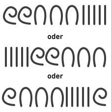 Drei Reihen altägyptischer Ziffern, alle mit dem gleichen Wert (235). Die erste Reihe enthält zwei Spiralen, gefolgt von drei Bögen und dann fünf geraden Linien. In der zweiten Reihe stehen zunächst die fünf geraden Linien, dann die zwei Spiralen und schließlich die drei Bögen. In der dritten und letzten Reihe steht eine Spirale, dann die drei Bögen, die fünf geraden Linien und am Ende eine weitere Spirale.