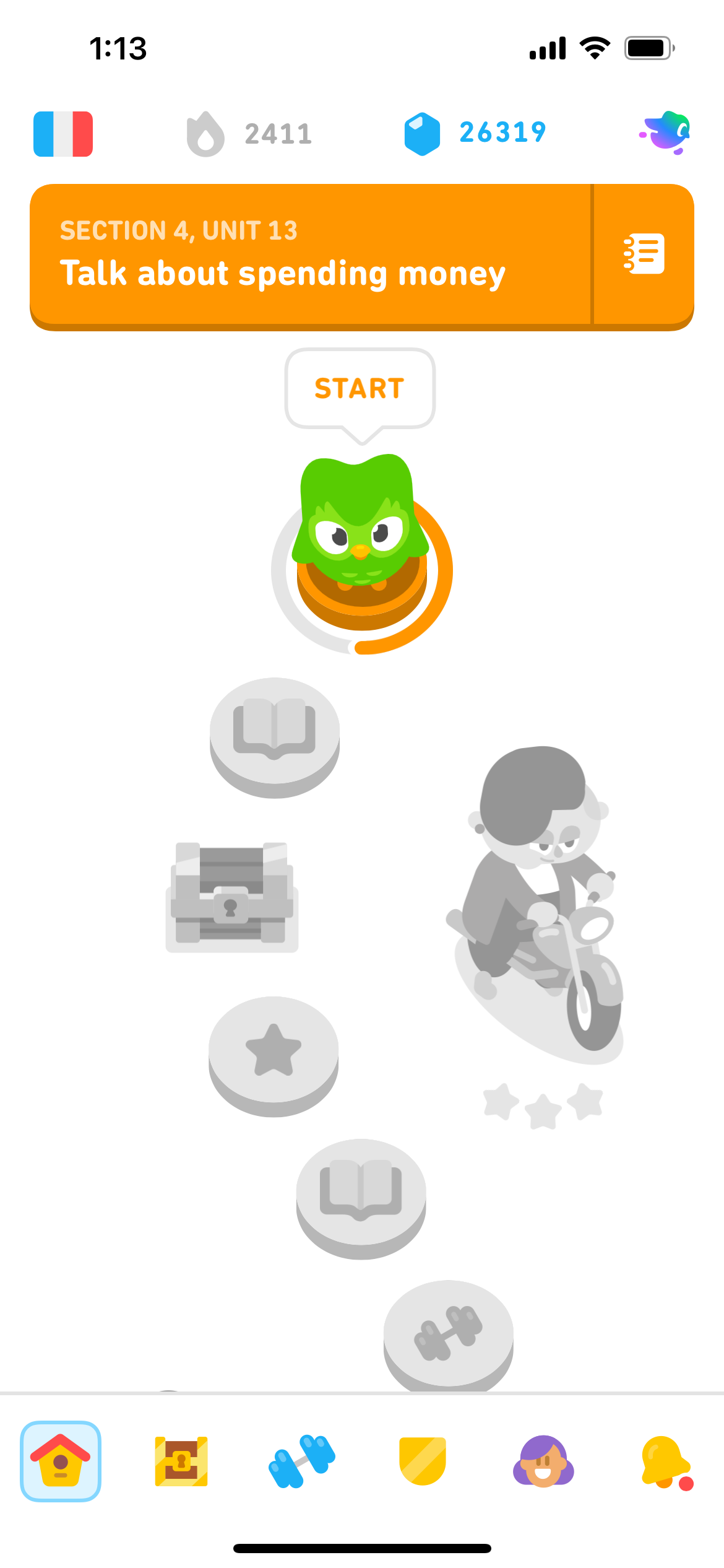 Screenshot of the Duolingo learning path showing individual upcoming units of the French course