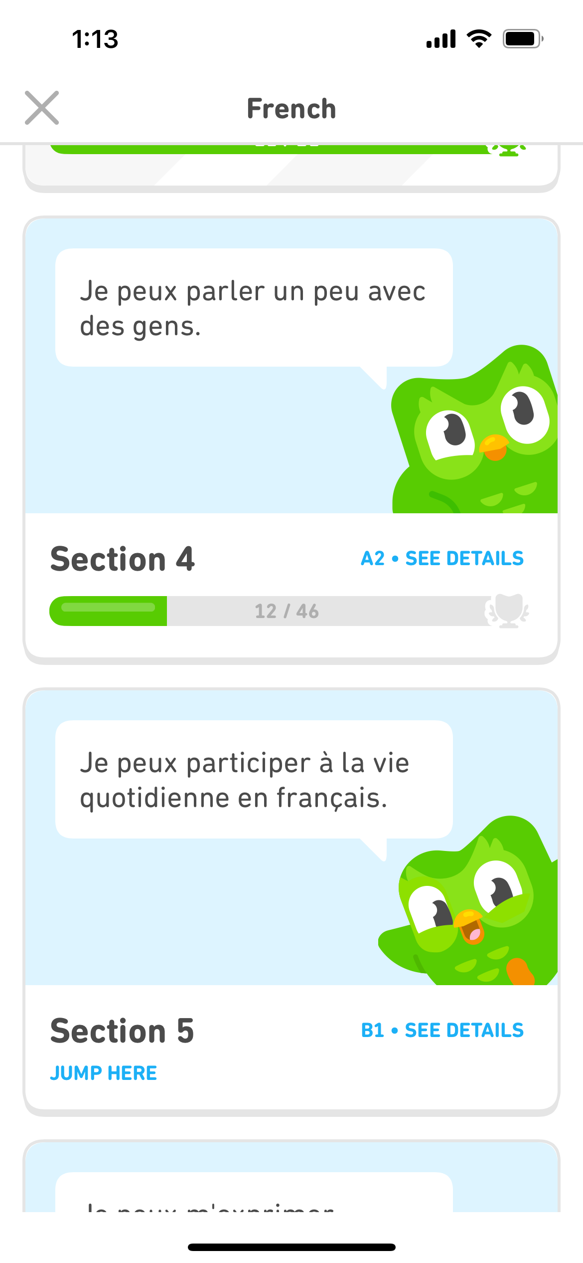 Screenshot of the French course section menu showing how much of the current section is completed and the upcoming sections