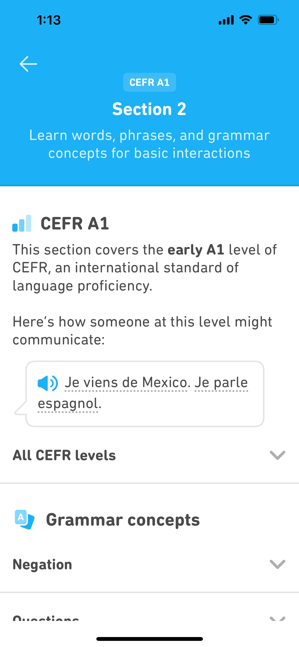 Screenshot of Section 2 explaining how the course work meets the CEFR A1 criteria.