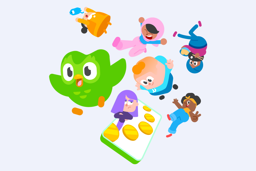 Ilustração do Duo e outros personagens do Duolingo flutuando no ar.