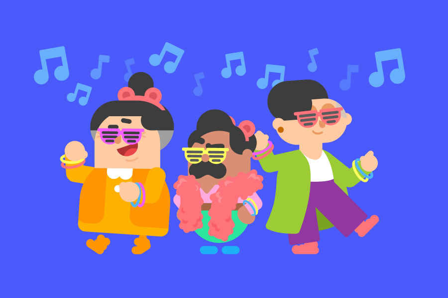 Ilustración de Lucy, Óscar y Lin usando unas gafas graciosas, brazaletes y boas coloridas. Escuchan música y bailan