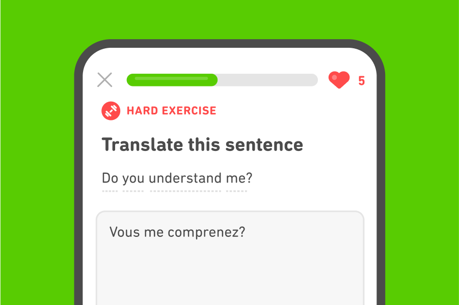 Ilustración de una lección de francés de Duolingo donde se traduce la oración "¿Me entiendes?" desde el inglés