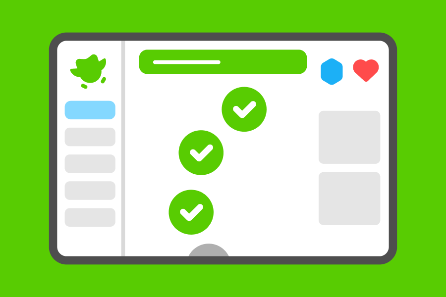 Ilustração de uma tela com a trilha de aprendizado do Duolingo: círculos que ficam com sinal de "feito" quando completados.