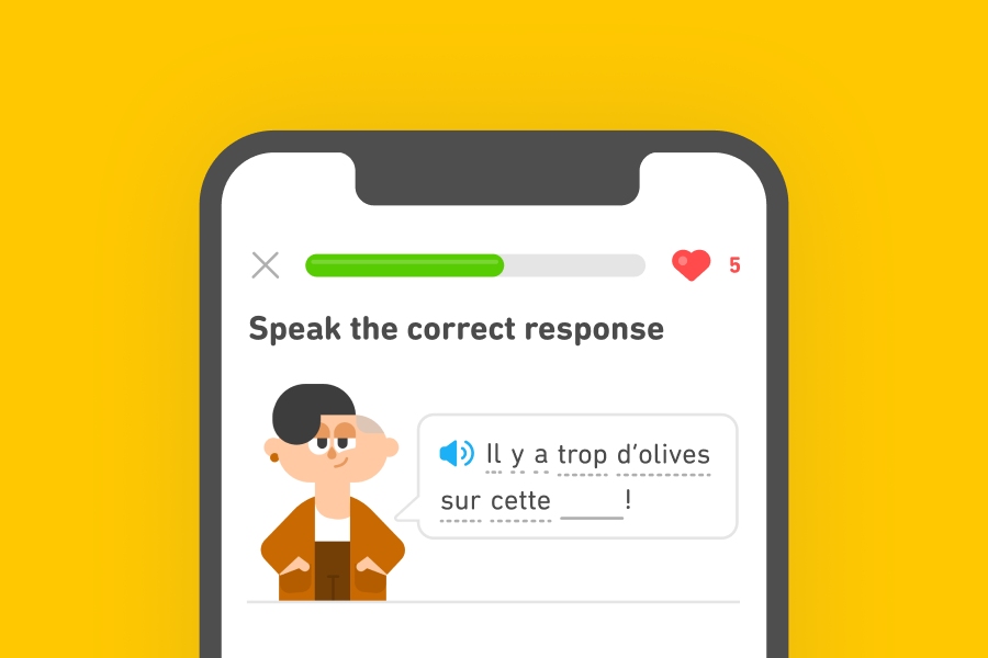 Ilustración de un ejercicio de Duolingo: aparece Lin junto a una oración en francés que el usuario debe completar