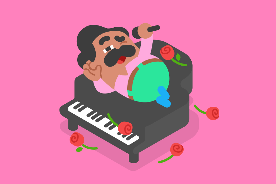 Ilustración de Óscar acostado sobre un piano de cola, guiñando un ojo y cantando con un micrófono. Está rodeado de rosas