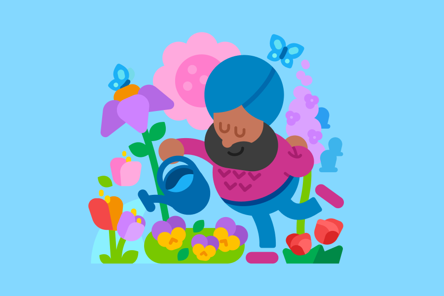 Ilustração do Vikram regando flores em um jardim colorido.