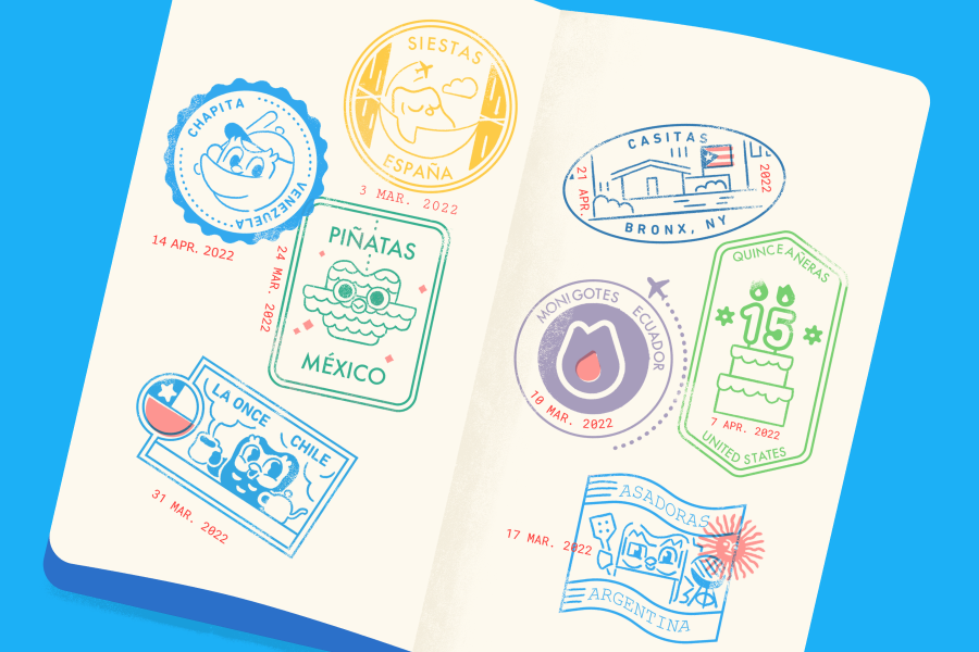 Ilustración de un pasaporte abierto, con una variedad de estampas de distintos lugares de Latinoamérica donde aparece Duo