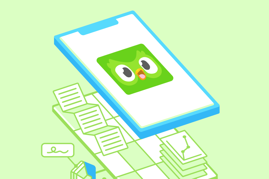 Ilustração do ícone de aplicativo do Duolingo em uma tela de celular.