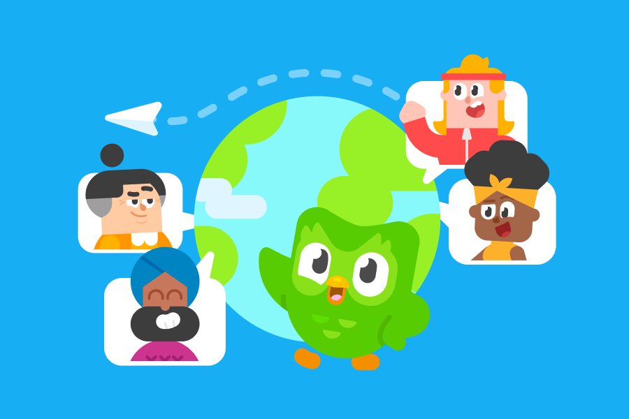 Ilustración de la Tierra donde aparecen Duo y 4 de los personajes de Duolingo en burbujas de diálogo alrededor del planeta