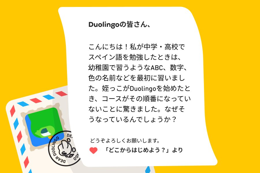 デュオリンゴへの手紙のイラスト。デュオリンゴのみなさん、こんにちは！私が中学・高校でスペイン語を勉強したときは、幼稚園で習うようなABC、数字、色の名前などを最初に習いました。姪っこがデュオリンゴを始めたとき、コースがその順番になっていないことに驚きました。なぜそうなっているんでしょうか？ どうぞよろしくお願いします。 「どこからはじめよう？」より