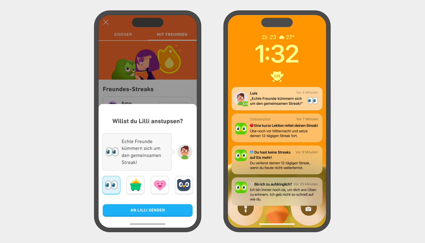 Zwei Handy-Bildschirme zeigen den Erinnerungs-Ablauf für Freundes-Streaks. Auf der linken Seite kann der Lernende „Lilli erinnern“. Der Avatar des Lernenden hat eine Sprechblase mit der Nachricht: „Echte Freunde kümmern sich um den gemeinsamen Streak!“ Auf der rechten Seite sieht man einen iPhone-Bildschirm mit mehreren Duolingo-Benachrichtigungen, die den Lernenden daran erinnern, eine Lektion zu machen. Die oberste Benachrichtigung ist von Luis mit einem Augen-Emoji und lautet: „Echte Freunde kümmern sich um den gemeinsamen Streak!“