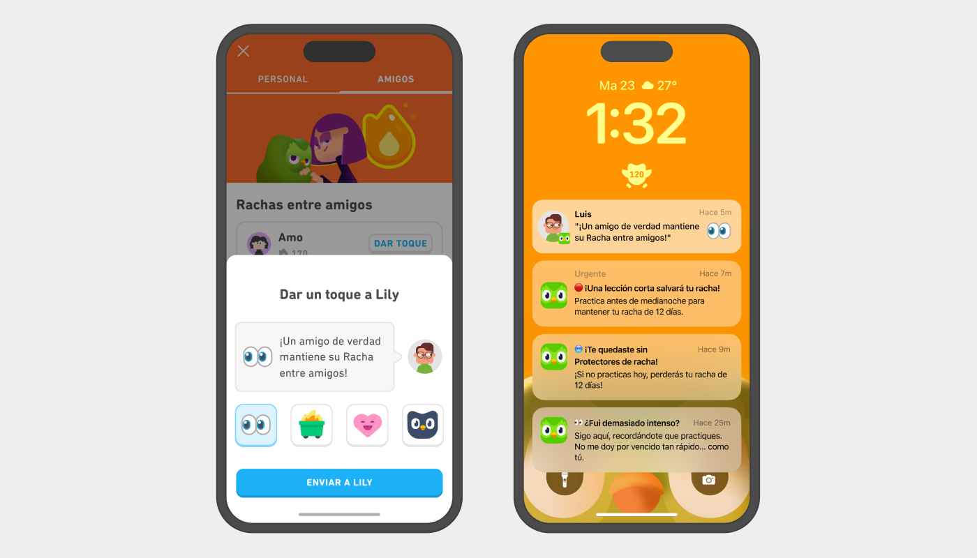 Imagen de dos teléfonos que muestran pantallas relacionadas con la Racha entre amigos. En el teléfono de la izquierda, el usuario puede “dar un toque” a Lily. Su avatar muestra una burbuja de diálogo con el mensaje “¡Un amigo de verdad mantiene su Racha entre amigos!”. El teléfono de la derecha muestra la pantalla de un teléfono con varias notificaciones de Duolingo que le recuerdan al usuario su lección. La notificación en la parte superior es de parte de Luis y dice “¡Un amigo de verdad mantiene su Racha entre amigos!”, acompañado por un emoji de dos ojos.