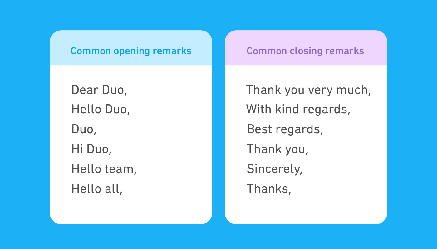 Two boxes, side by side. The box on the left includes common opening remarks: Dear Duo, Hello Duo, Duo, Hi Duo, Hello team, and Hello all. The box on the right includes common closing remarks: Thank you very much, With kind regards, Best regards, Thank you, Sincerely, and Thanks.