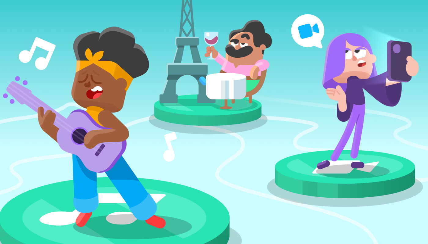 Illustration of three nodes of the Duolingo path: on one, Oscar is sitting with a glass of wine at a table in front of the Eiffel Tower; on a node labeled with a musical note, Bea is playing guitar and singing; and on the third, labeled with a video camera, Lily is chatting with someone on a video call.