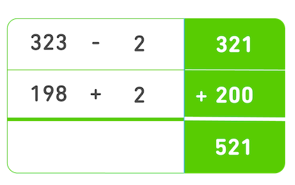 Repetição da tabela, agora com os cálculos 323 - 2 = 321 na primeira linha e 198 + 2 = 200 na segunda. A soma de 321 + 200 é 521.