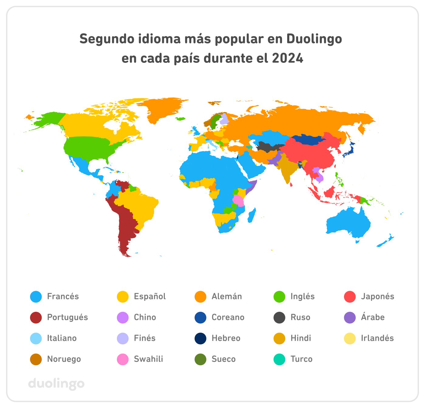 Mapa de los segundos idiomas más populares para aprender en Duolingo en cada país en el 2024. El mundo entero está pintado de varios colores.  El color prominente es el celeste que representa al francés, en especial en Centroamérica, África Central y del Norte, y Australia. El español, representado por el color amarillo, es prominente en Canadá, Brasil y partes del Oeste, Este y Sur de África. ¡El resto del mundo es muy variado! 