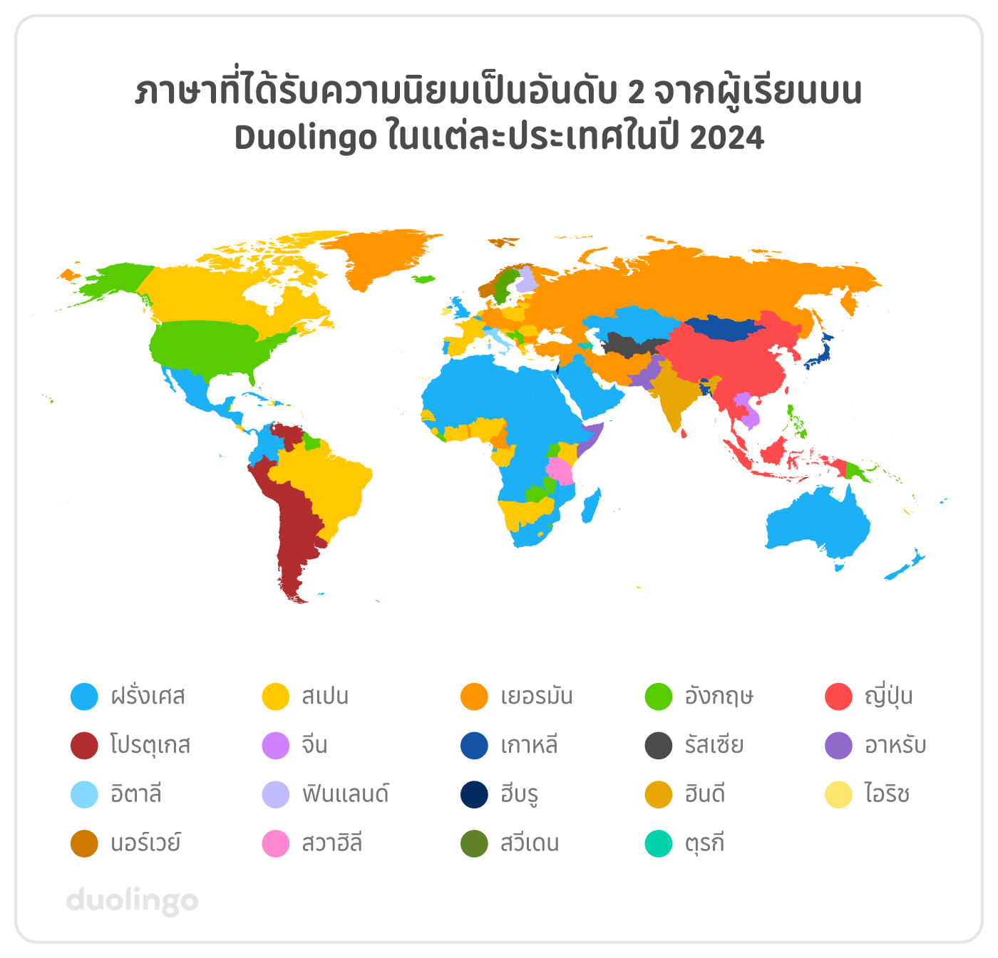 แผนที่แสดงภาษาที่ได้รับความนิยมเป็นอันดับ 2 จากผู้เรียนบน Duolingo ในแต่ละประเทศในปี 2024 แผนที่โลกประกอบด้วยสีต่างๆ ภาษาฝรั่งเศสสีฟ้าโดดเด่นในอเมริกากลาง แอฟริกาเหนือและกลาง และออสเตรเลีย ภาษาสเปนสีเหลืองโดดเด่นในแคนาดา บราซิล และบางส่วนของแอฟริกาตะวันตก ตะวันออกและใต้ ส่วนที่เหลือของโลกมีความหลากหลายมาก!