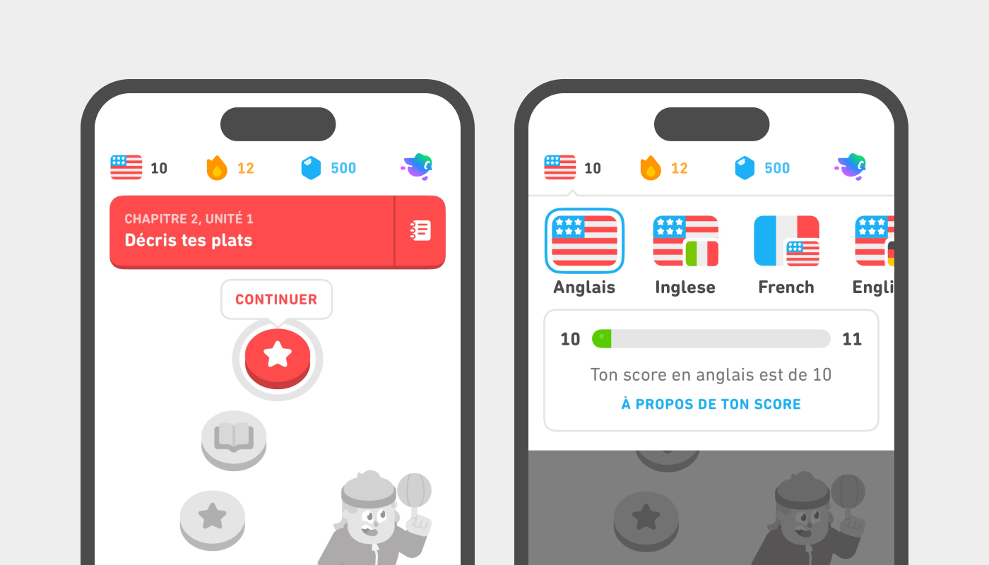 Deux captures d'écran côte à côte. Sur la première capture d’écran, on peut voir le haut de l'application, avec le drapeau du cours d’anglais à côté du chiffre 10 (qui représente le score Duolingo), une flamme à côté du nombre 12 (qui représente la série) et 500 gemmes. Sur la deuxième capture d'écran, le drapeau du cours d’anglais est sélectionné et une barre de progression apparaît en dessous. On peut voir le nombre 10 à gauche et le nombre 11 à droite, séparés par une barre verte à peine remplie. Sous la barre de progression verte, on peut lire la phrase suivante : « Ton score en anglais est de 10. À propos de ton score. »