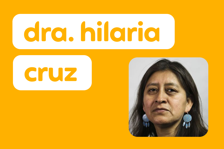 Foto de la Dra. Hilaria Cruz, una mujer con cabello negro largo y aretes azules. Junto a la foto aparece su nombre.