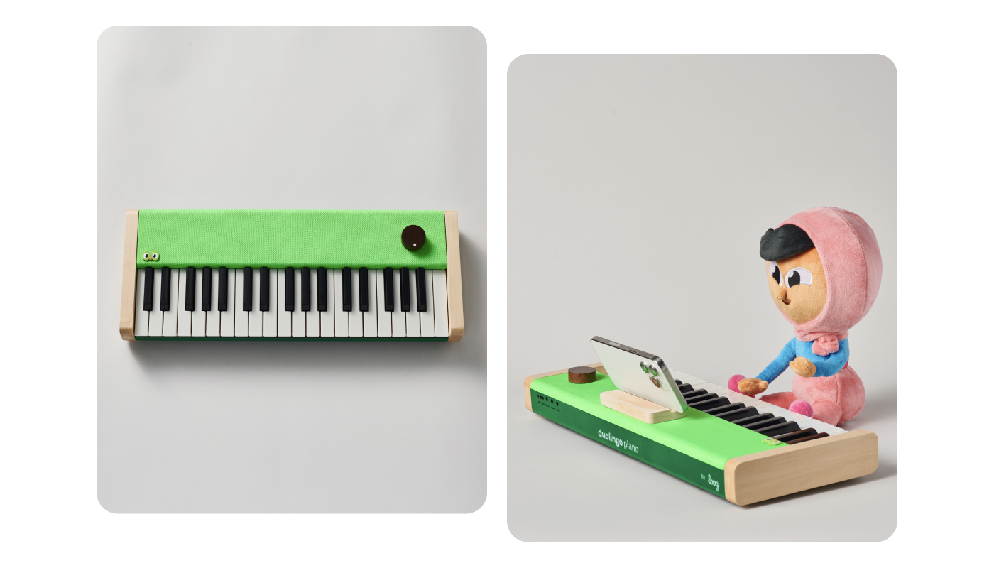 A small keyboard with a lime green panel at the top and three octaves worth of keys (official specs: 37 keys, 18.92 inches x 7.5 inches x 2.71 inches). You can see that it is small because in one image a small plushie version of Zari is seated at the piano pretending to play and it looks fairly well-proportioned. There is a small stand where you can put an iPhone, horizontally, and a small speaker in the upper right corner of the keyboard.