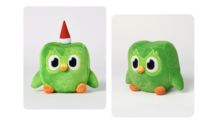 Two images of the Duolingo plushie, a small, soft stuffed-animal version of the Duolingo owl. In the left image, the owl is wearing a small Santa hat.